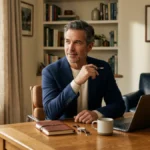 Professional man in his fifties reflecting at his home office desk, planning a career reinvention after 40