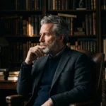 Distinguished man in his fifties with a grey beard sitting in a leather chair in a book-lined study, lit by dramatic window light, reflecting on a career reinvention after 40