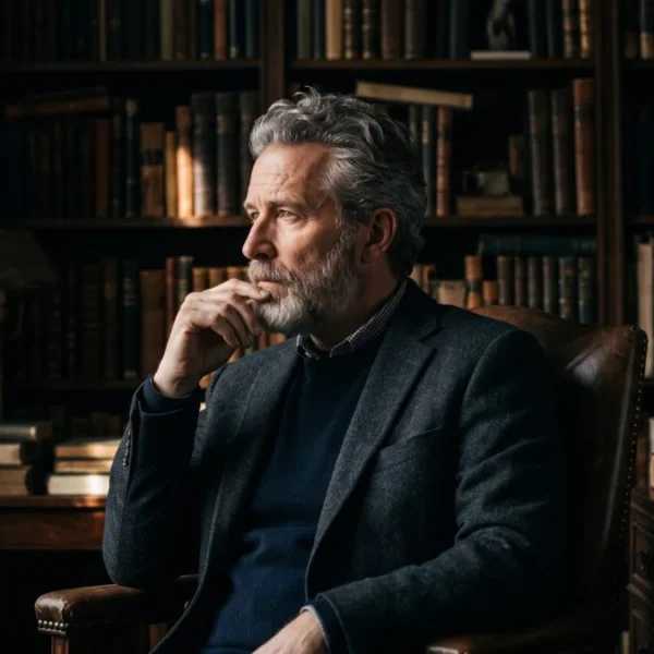 Distinguished man in his fifties with a grey beard sitting in a leather chair in a book-lined study, lit by dramatic window light, reflecting on a career reinvention after 40