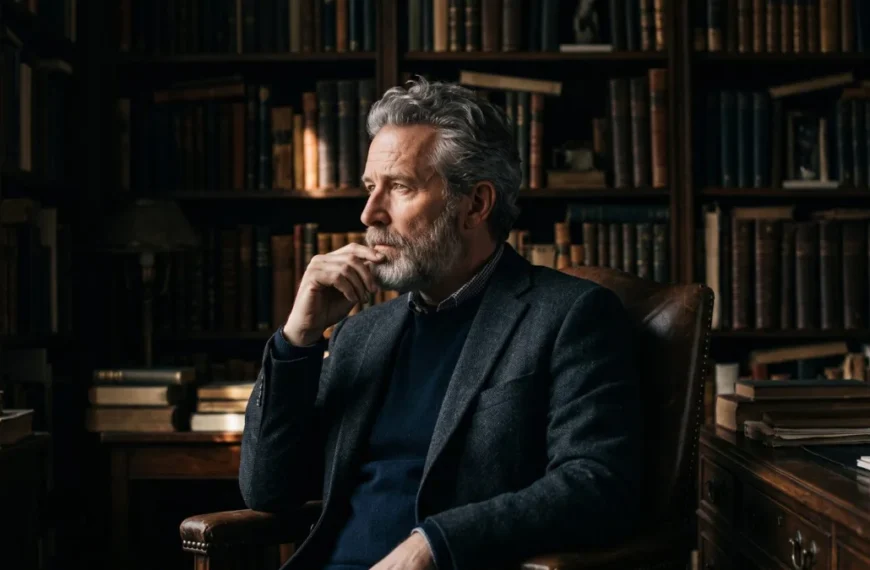 Distinguished man in his fifties with a grey beard sitting in a leather chair in a book-lined study, lit by dramatic window light, reflecting on a career reinvention after 40