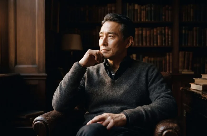 A composed man in his early fifties reflecting in a wood-panelled study, considering Coast FIRE after 40