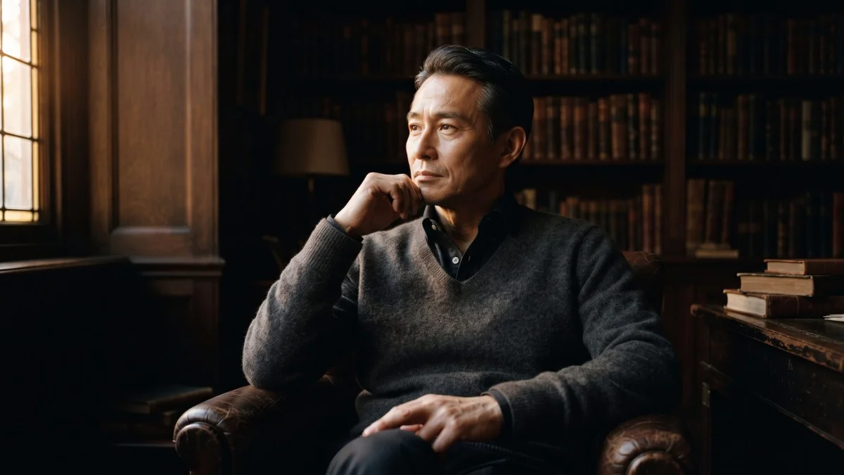 A composed man in his early fifties reflecting in a wood-panelled study, considering Coast FIRE after 40