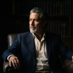 A man in his early fifties in a navy blazer sits in a leather chair in a wood-panelled study, weighing which way to take his practice
