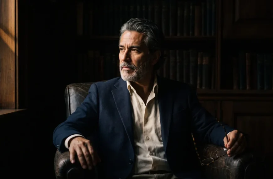 A man in his early fifties in a navy blazer sits in a leather chair in a wood-panelled study, weighing which way to take his practice