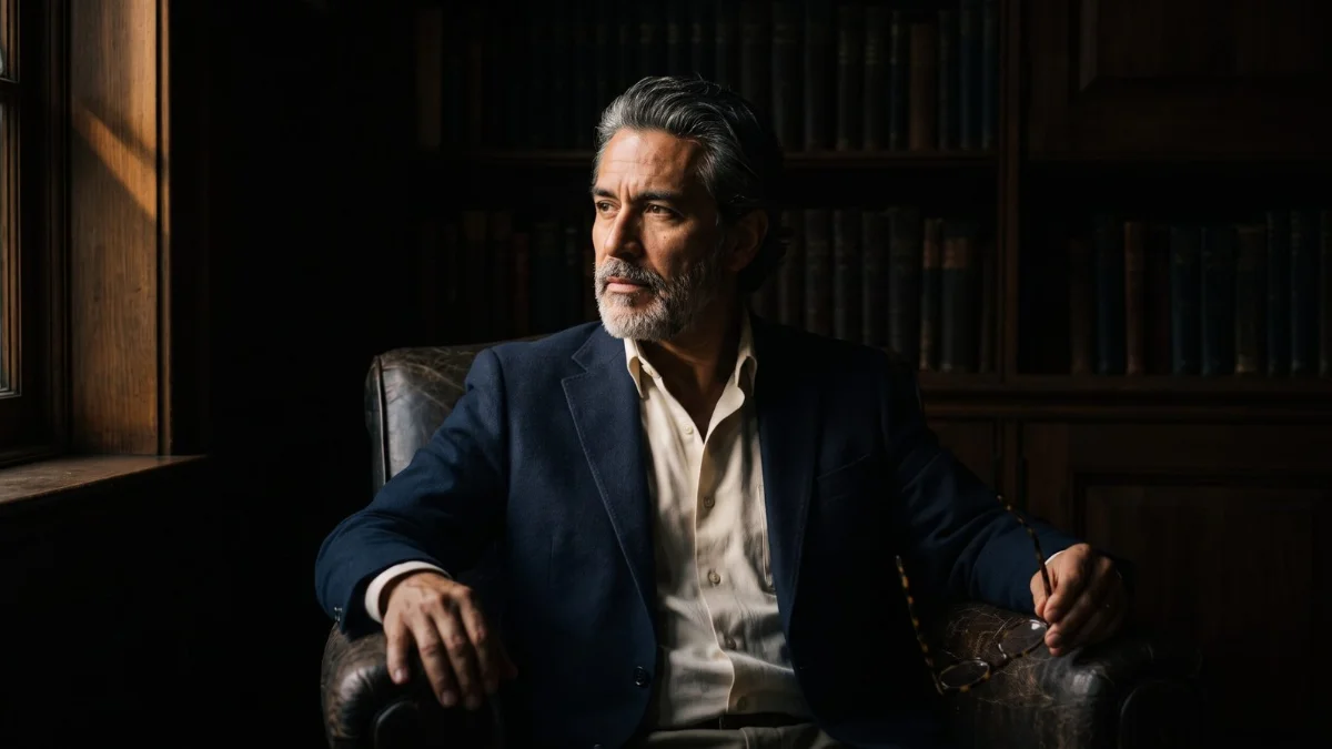 A man in his early fifties in a navy blazer sits in a leather chair in a wood-panelled study, weighing which way to take his practice