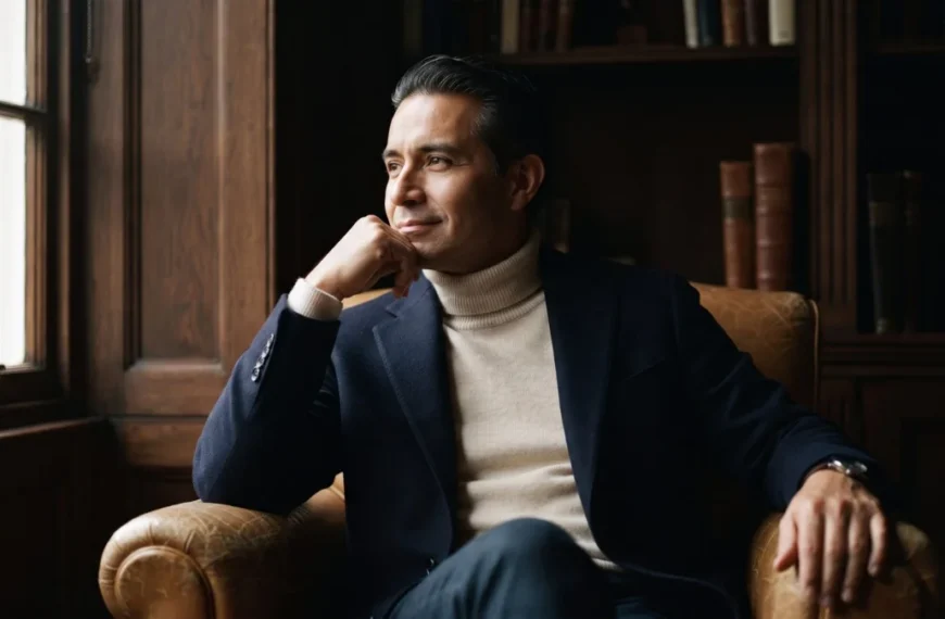 A composed Latino man in his early fifties in a navy blazer and cream roll-neck sits in a leather chair in a wood-panelled study, looking toward the window while designing his ideal day after 40