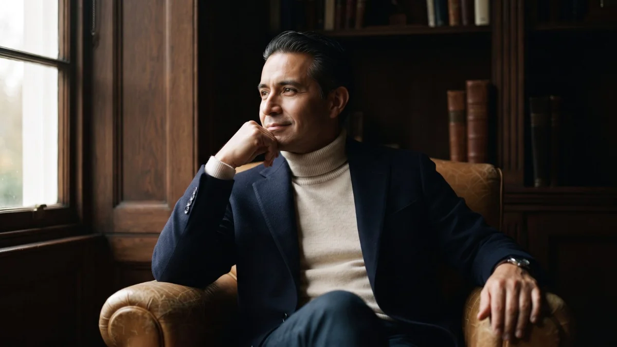 A composed Latino man in his early fifties in a navy blazer and cream roll-neck sits in a leather chair in a wood-panelled study, looking toward the window while designing his ideal day after 40