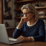 Professional in her fifties working thoughtfully on a laptop at a warm home office desk, exploring digital leverage and AI opportunities after 40