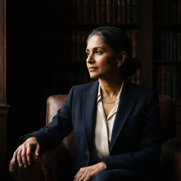 A composed professional woman in her early fifties in a wood-panelled study, considering AI and digital opportunity after 40