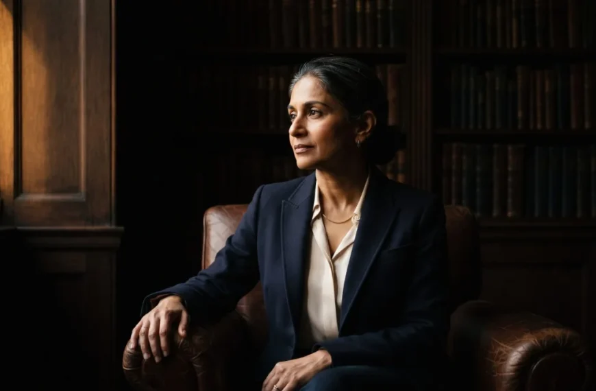 A composed professional woman in her early fifties in a wood-panelled study, considering AI and digital opportunity after 40
