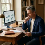 Man in his fifties reviewing financial charts at a warm home desk, working toward financial freedom after 40