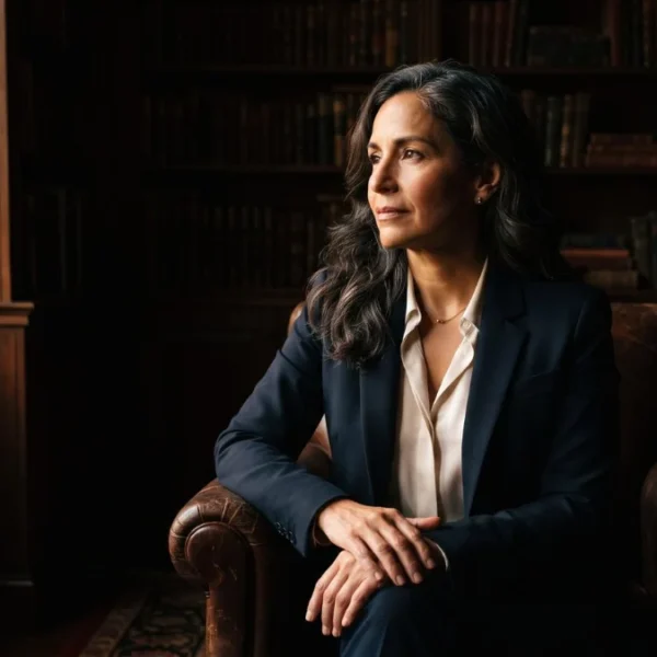 A composed professional woman in her early fifties in a wood-panelled study, considering financial freedom after 40