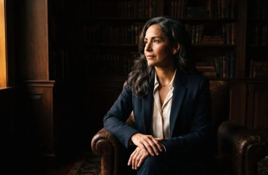 A composed professional woman in her early fifties in a wood-panelled study, considering financial freedom after 40