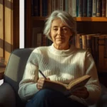 Woman in her fifties journaling in a sunlit home library, reflecting on finding purpose after 40