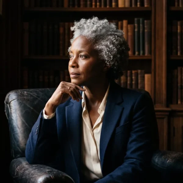 A composed woman in her early fifties reflecting in a wood-panelled study, finding purpose after 40