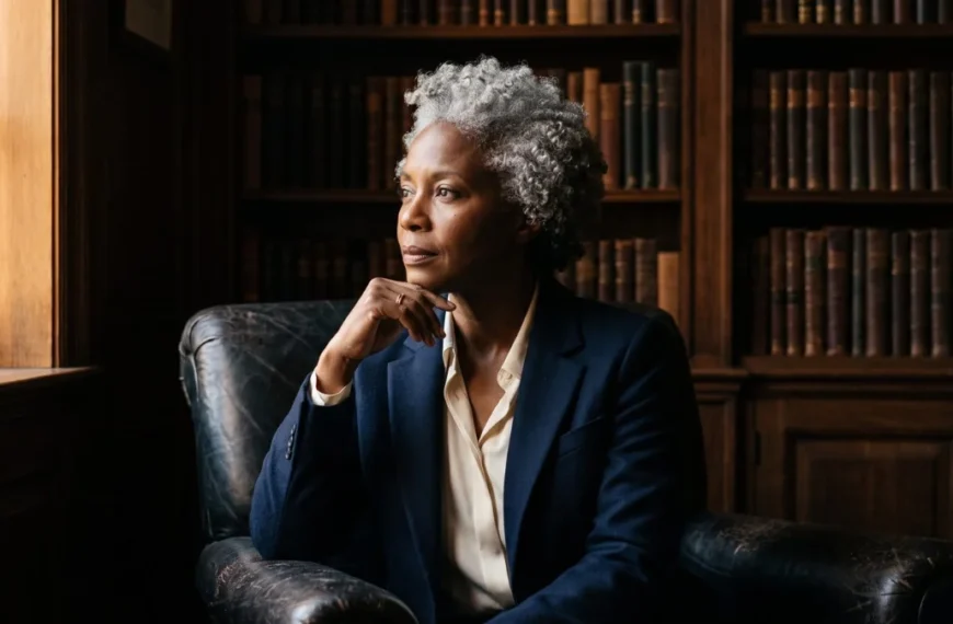 A composed woman in her early fifties reflecting in a wood-panelled study, finding purpose after 40