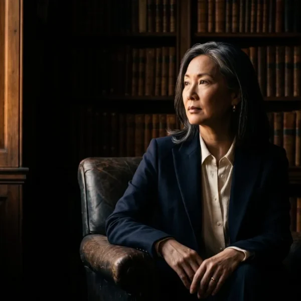 A composed woman in her early fifties in a wood-panelled study, calculating her freedom number after 40
