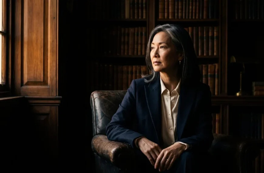 A composed woman in her early fifties in a wood-panelled study, calculating her freedom number after 40