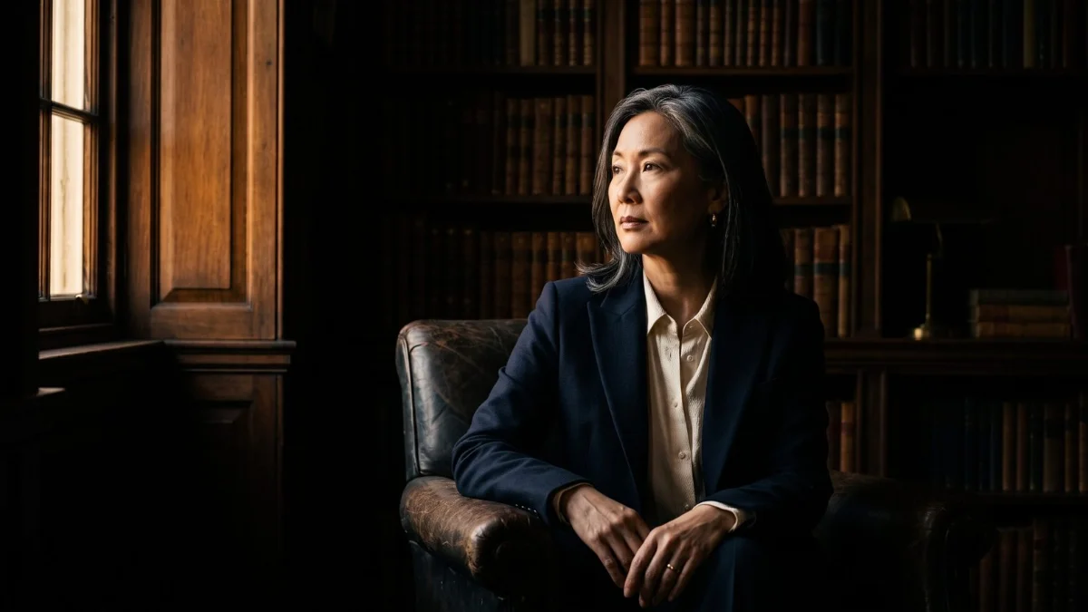 A composed woman in her early fifties in a wood-panelled study, calculating her freedom number after 40
