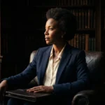 A composed woman in her early fifties in a navy blazer sits in a leather chair in a wood-panelled study, a closed leather folio resting in her lap
