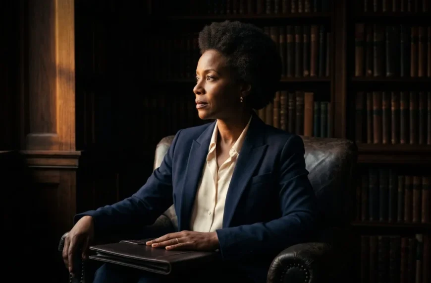 A composed woman in her early fifties in a navy blazer sits in a leather chair in a wood-panelled study, a closed leather folio resting in her lap