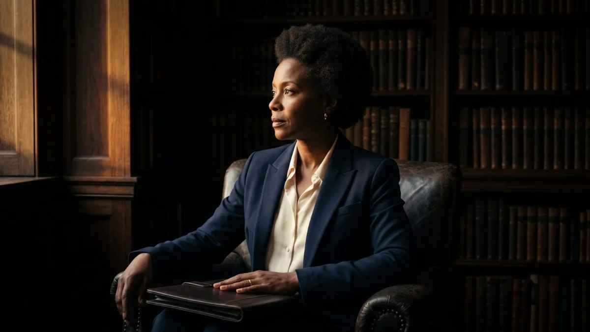 A composed woman in her early fifties in a navy blazer sits in a leather chair in a wood-panelled study, a closed leather folio resting in her lap
