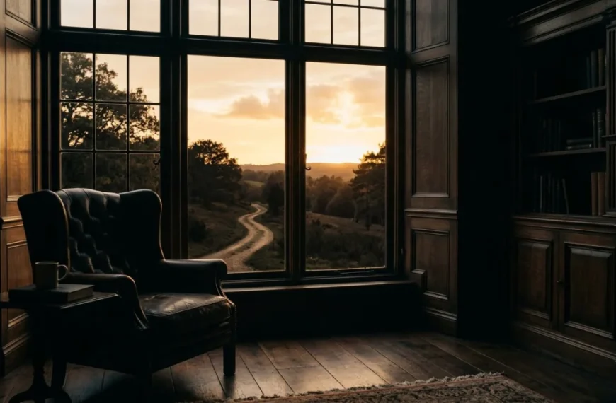 A quiet wood-panelled study with a winding path visible through the window at golden hour, symbolising life reinvention after 40