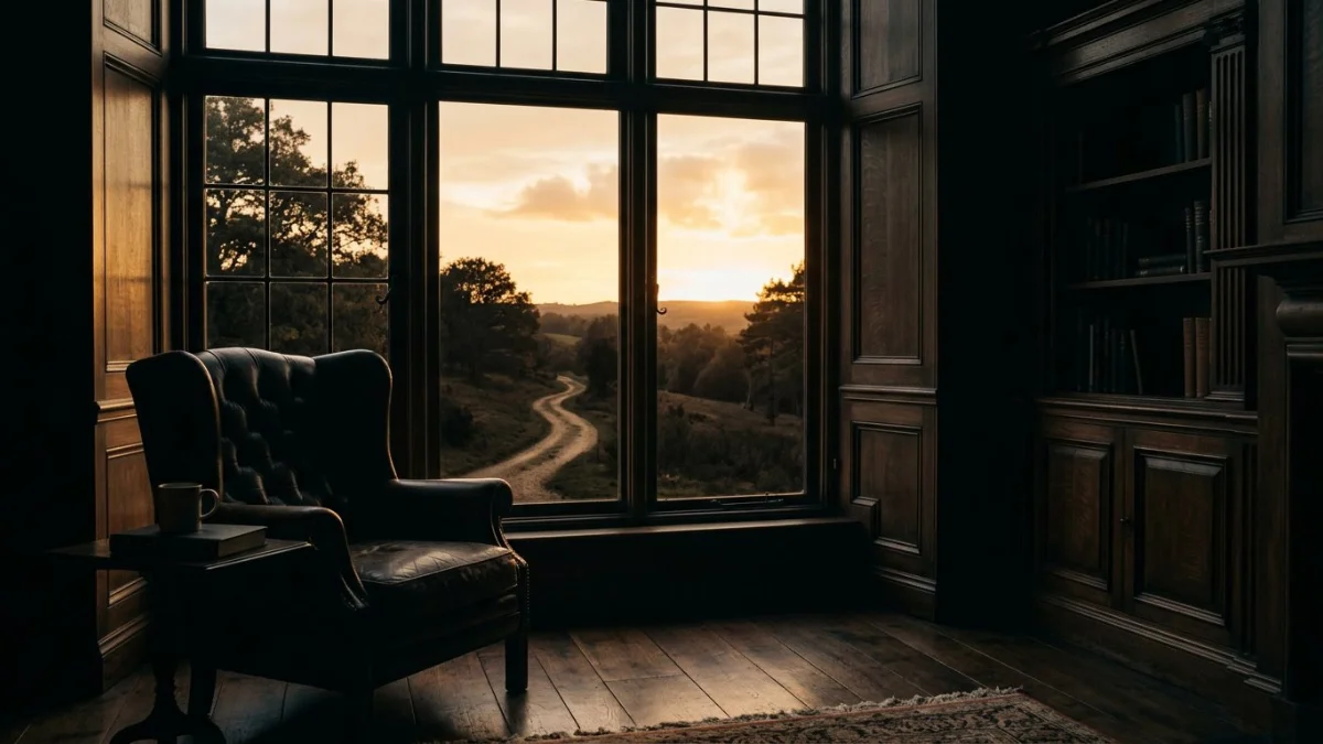 A quiet wood-panelled study with a winding path visible through the window at golden hour, symbolising life reinvention after 40