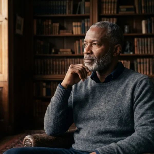 A composed man in his early fifties in a wood-panelled study, reflecting on a career change after 40