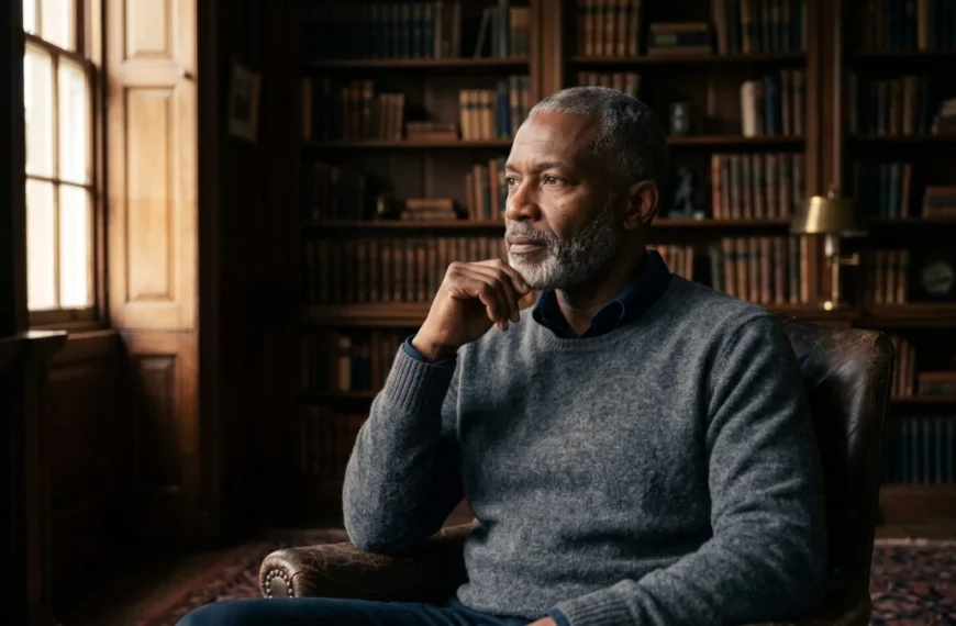A composed man in his early fifties in a wood-panelled study, reflecting on a career change after 40