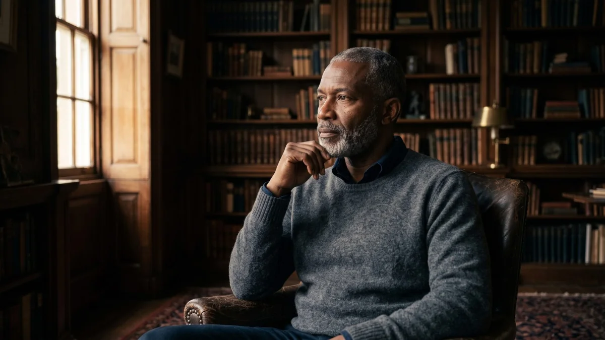 A composed man in his early fifties in a wood-panelled study, reflecting on a career change after 40