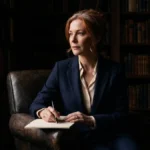 A composed woman in her early fifties in a wood-panelled study, taking stock of her transferable skills after 40