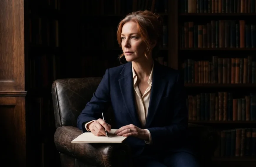 A composed woman in her early fifties in a wood-panelled study, taking stock of her transferable skills after 40