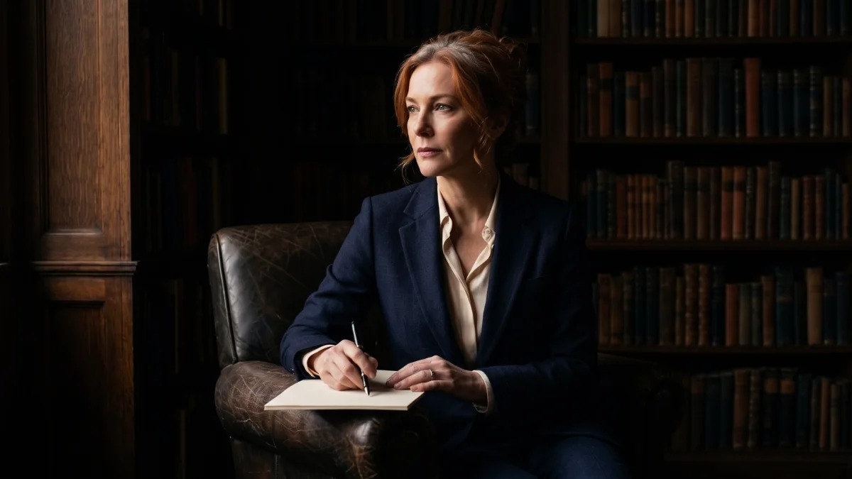A composed woman in her early fifties in a wood-panelled study, taking stock of her transferable skills after 40