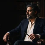 A man in his early fifties in a navy blazer sits still in a leather chair in a wood-panelled study, holding a closed fountain pen