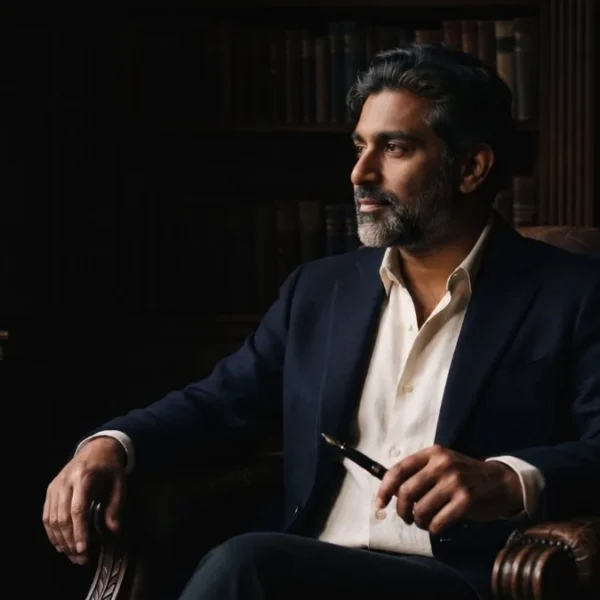 A man in his early fifties in a navy blazer sits still in a leather chair in a wood-panelled study, holding a closed fountain pen