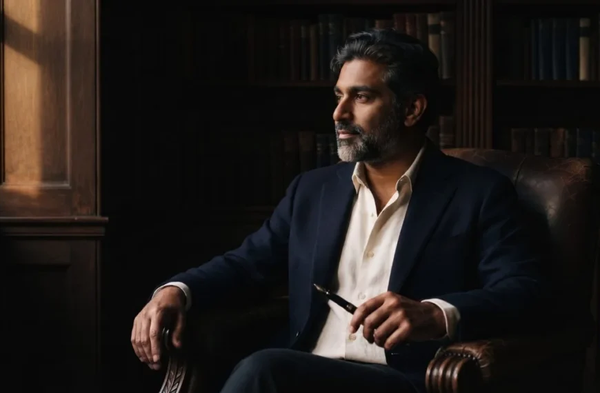 A man in his early fifties in a navy blazer sits still in a leather chair in a wood-panelled study, holding a closed fountain pen