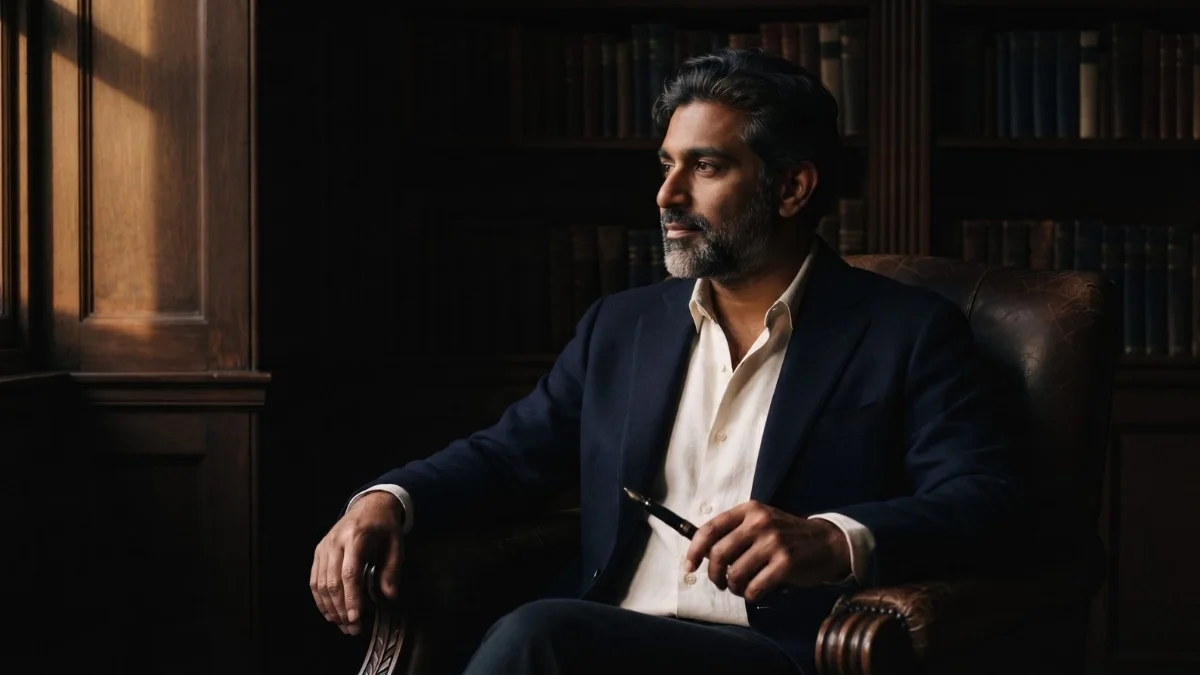 A man in his early fifties in a navy blazer sits still in a leather chair in a wood-panelled study, holding a closed fountain pen