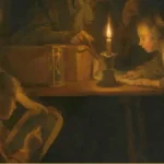 Detail of Dou's The Night School: several young people work around a table lit by one candle, an hourglass standing in a wooden box.