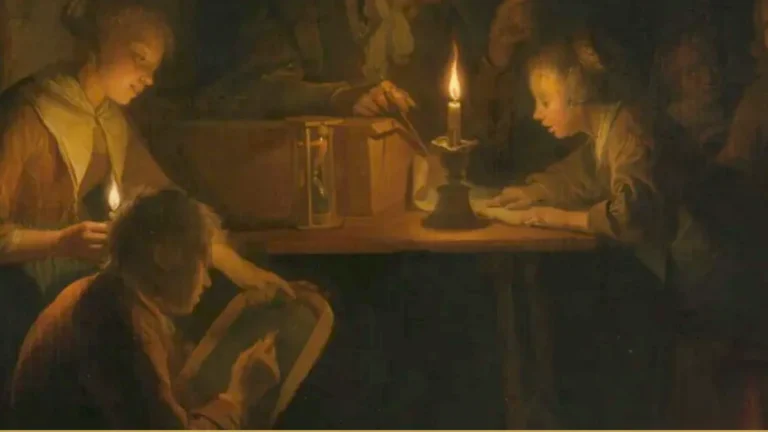 Detail of Dou's The Night School: several young people work around a table lit by one candle, an hourglass standing in a wooden box.