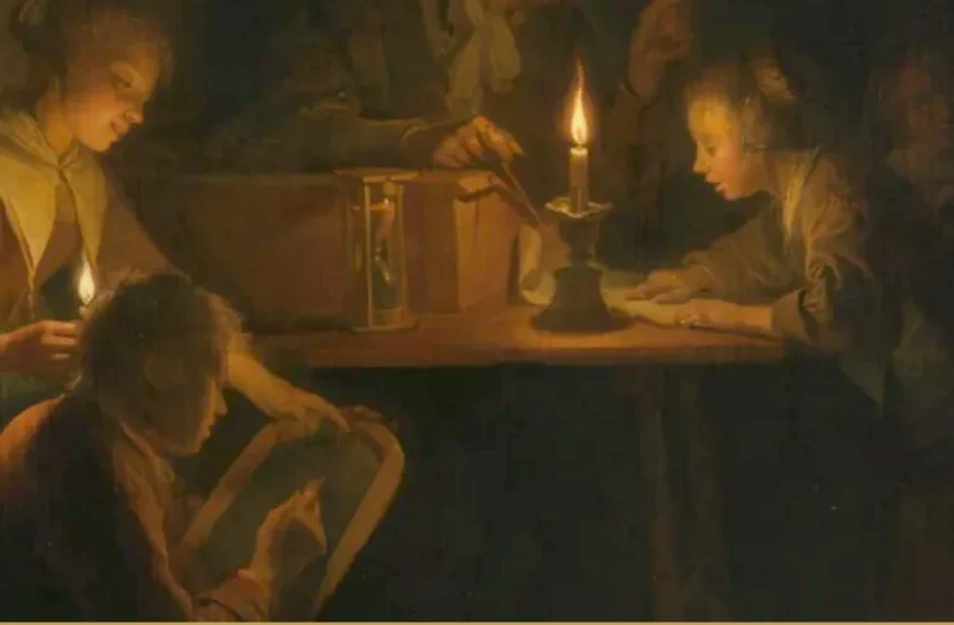 Detail of Dou's The Night School: several young people work around a table lit by one candle, an hourglass standing in a wooden box.