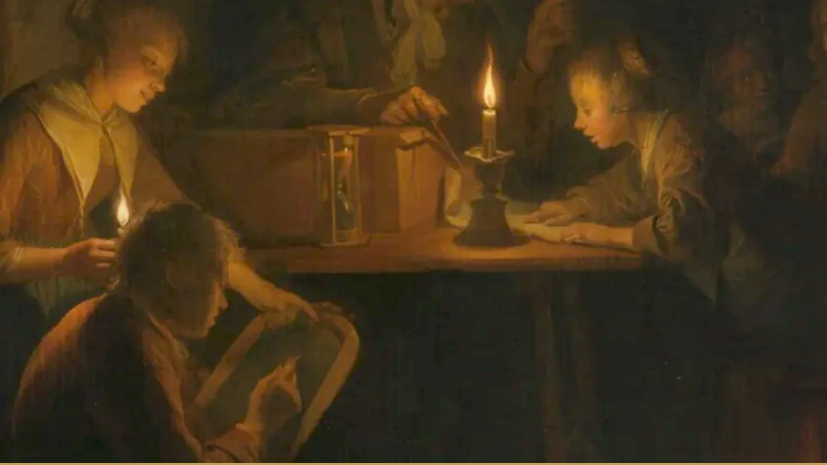 Detail of Dou's The Night School: several young people work around a table lit by one candle, an hourglass standing in a wooden box.