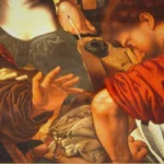 Detail of a Caravaggio painting: a young man in red sleeves bends low over a table, counting with a quill, inkwell and ledger before him.