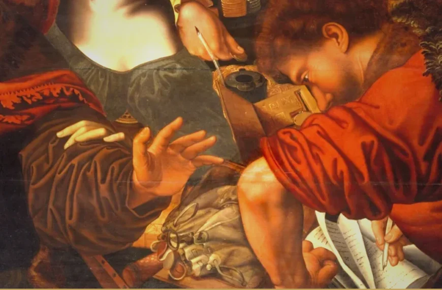 Detail of a Caravaggio painting: a young man in red sleeves bends low over a table, counting with a quill, inkwell and ledger before him.