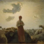Detail of a nineteenth-century landscape: a shepherdess stands knitting at dusk among a scattered flock of sheep.