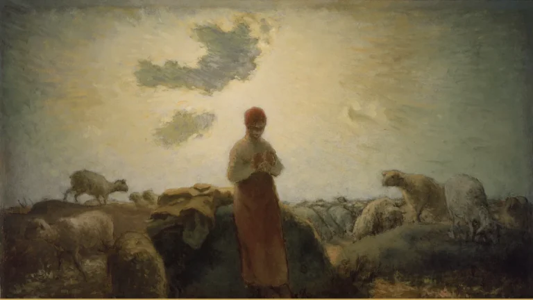 Detail of a nineteenth-century landscape: a shepherdess stands knitting at dusk among a scattered flock of sheep.