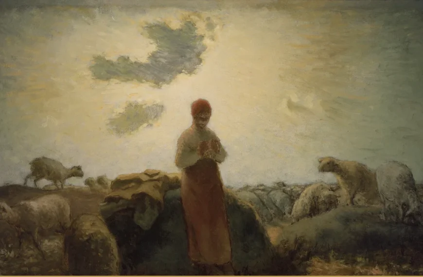 Detail of a nineteenth-century landscape: a shepherdess stands knitting at dusk among a scattered flock of sheep.