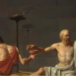 Detail of David's The Death of Socrates: Socrates raises one finger while reaching for the cup a grieving companion holds out to him.