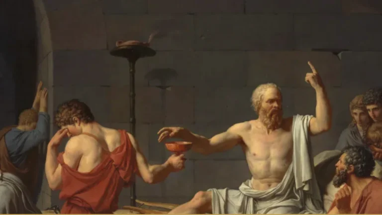 Detail of David's The Death of Socrates: Socrates raises one finger while reaching for the cup a grieving companion holds out to him.