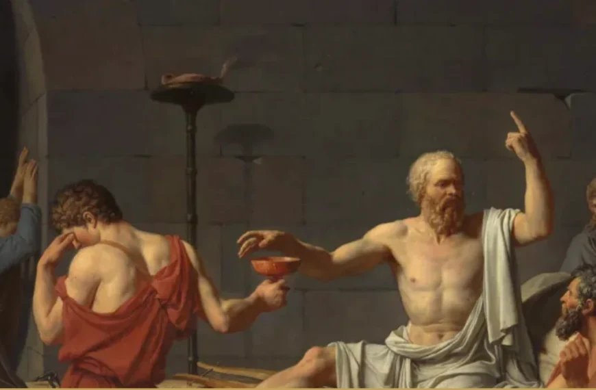 Detail of David's The Death of Socrates: Socrates raises one finger while reaching for the cup a grieving companion holds out to him.